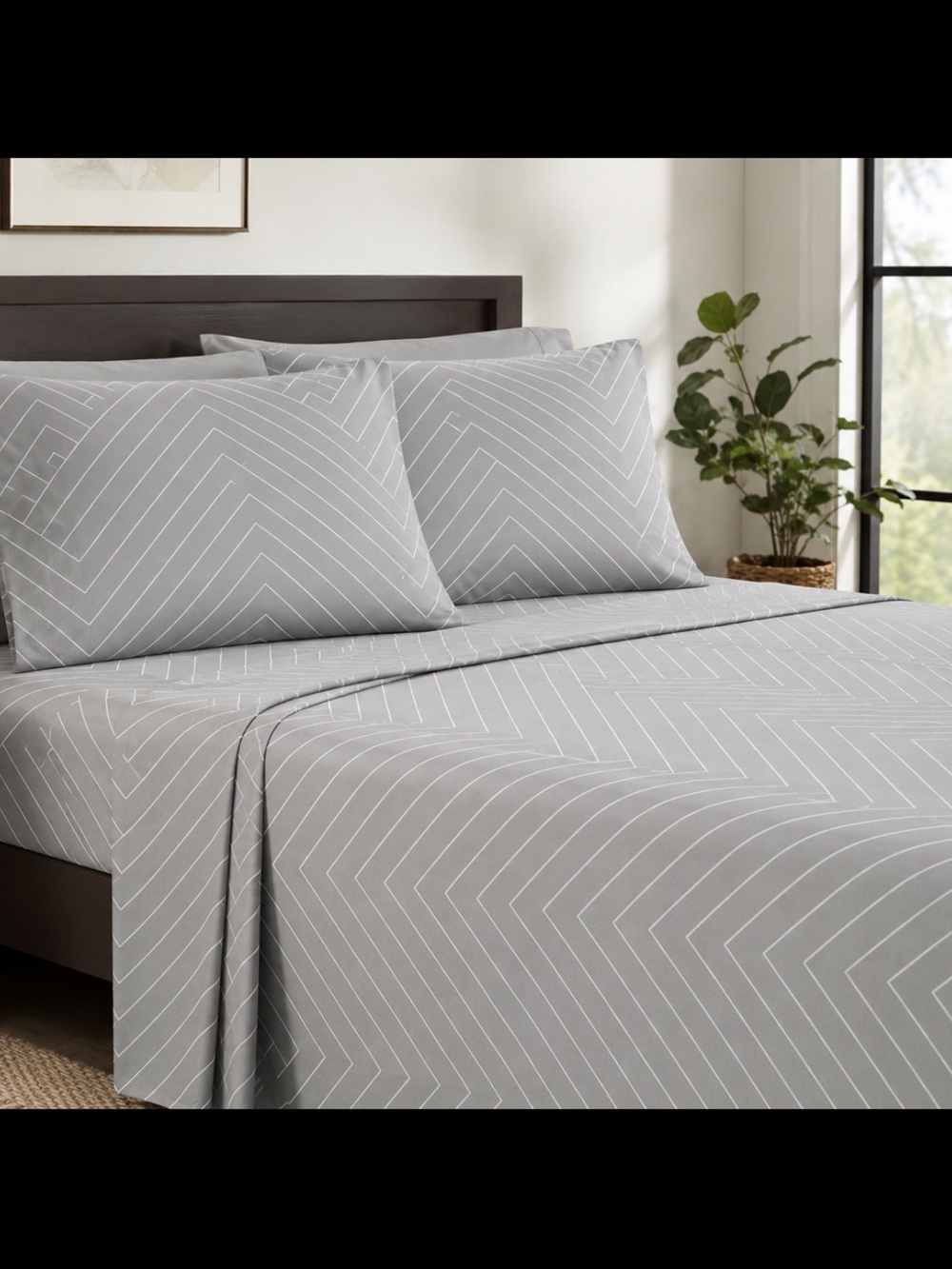 Queen 6 Piece Sheet Set Gray Geometric Stripe 100% Polyester